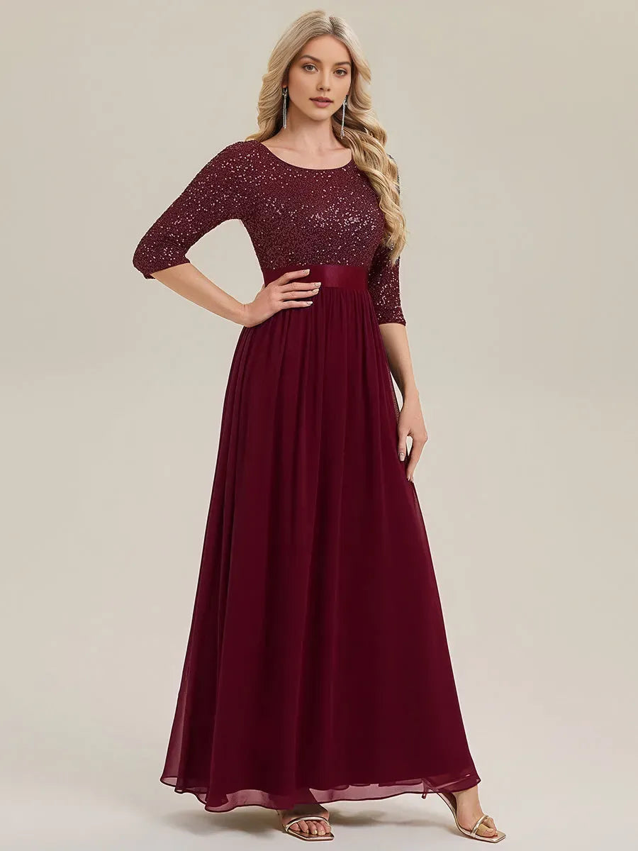 Sparkle Burgundy A-Line Boat Neck 3/4 Sleeve Back Zip Sequin Embellished Chiffon Floor-Length Prom Dresses
