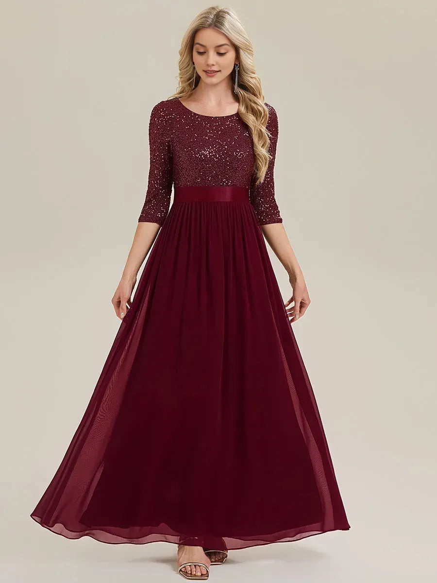 Sparkle Burgundy A-Line Boat Neck 3/4 Sleeve Back Zip Sequin Embellished Chiffon Floor-Length Prom Dresses
