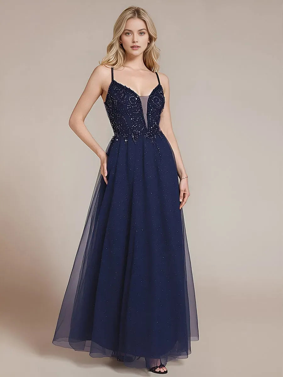 Sparkle Navy Blue A-Line Plunge Neck Sleeveless Lace-Up Sequin Tulle Ankle-Length Prom Dresses