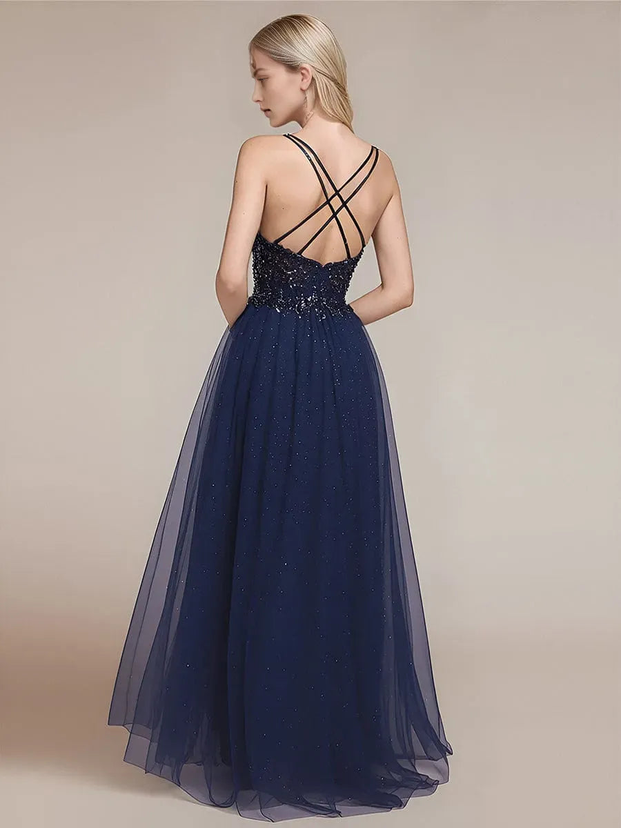 Sparkle Navy Blue A-Line Plunge Neck Sleeveless Lace-Up Sequin Tulle Ankle-Length Prom Dresses