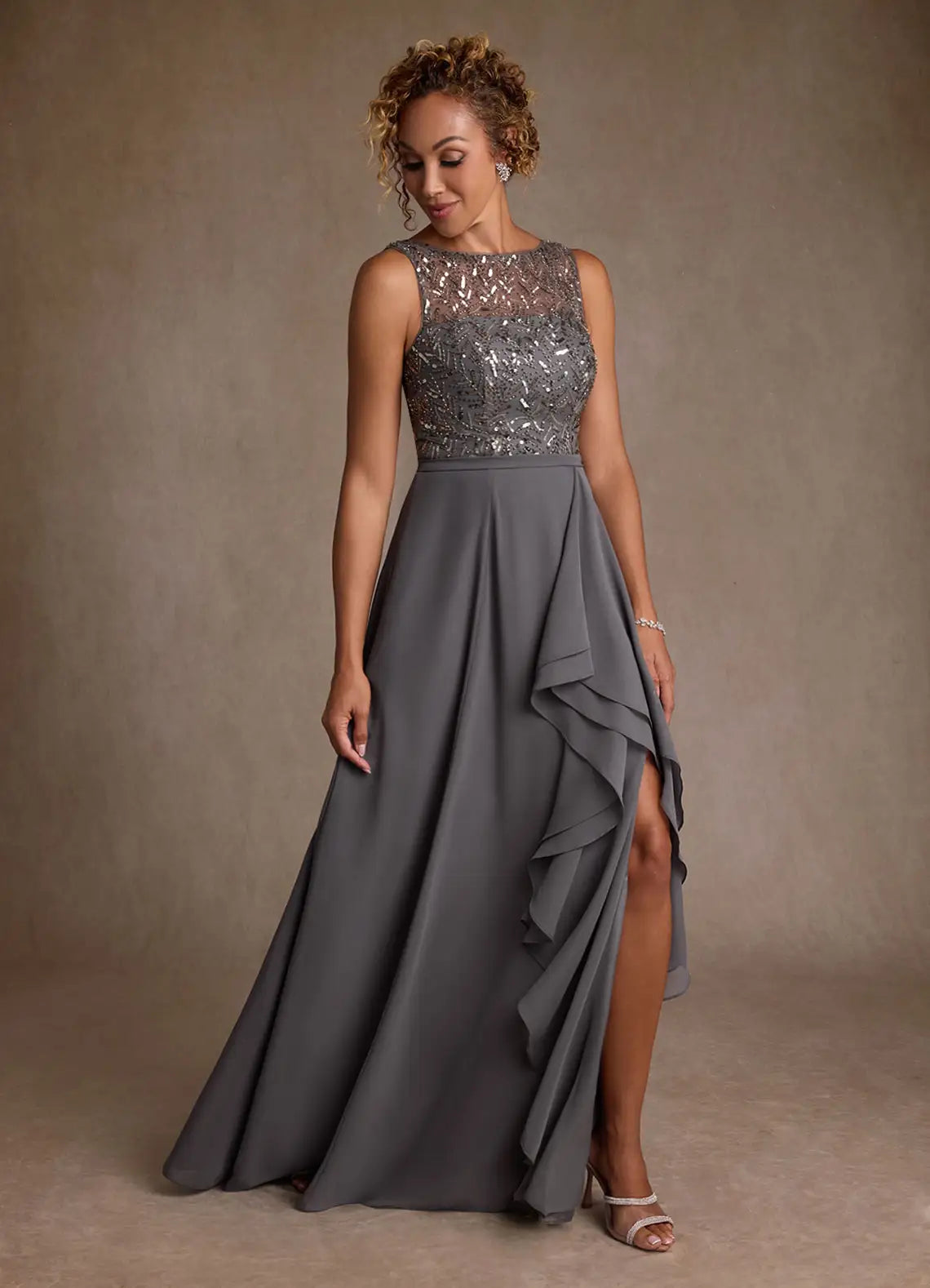 Sparkling A-Line Bateau Sleeveless V-Back Floor-Length Mother of the Bride Dress