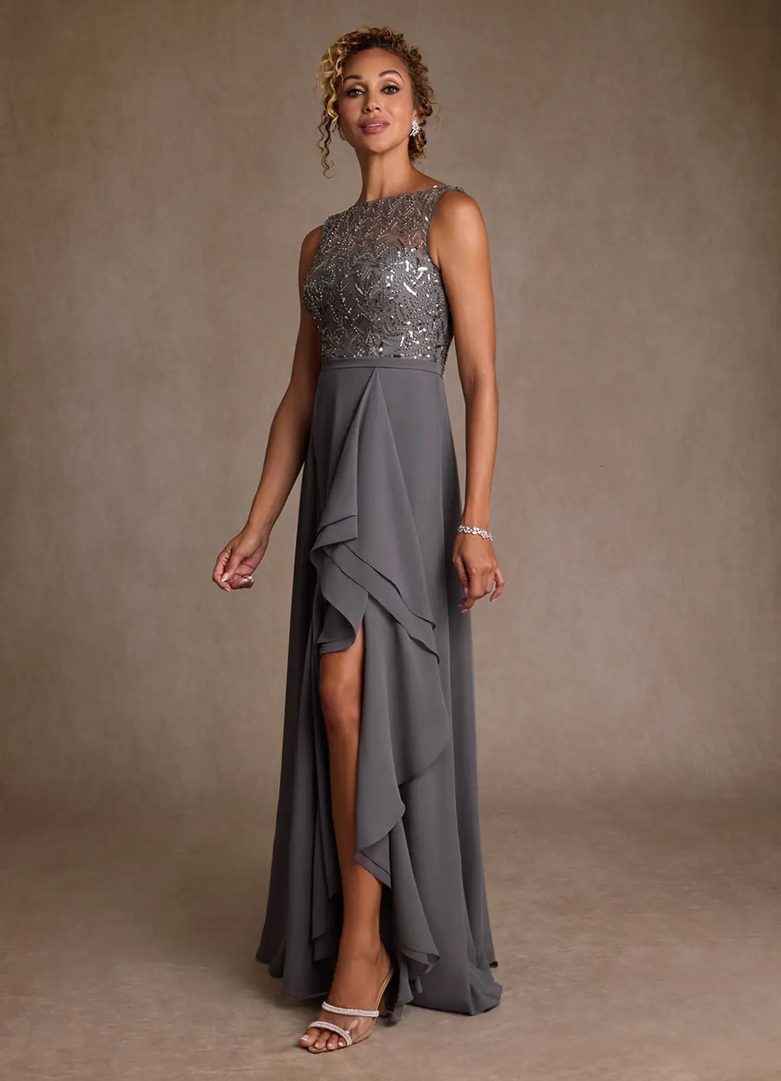 Sparkling A-Line Bateau Sleeveless V-Back Floor-Length Mother of the Bride Dress