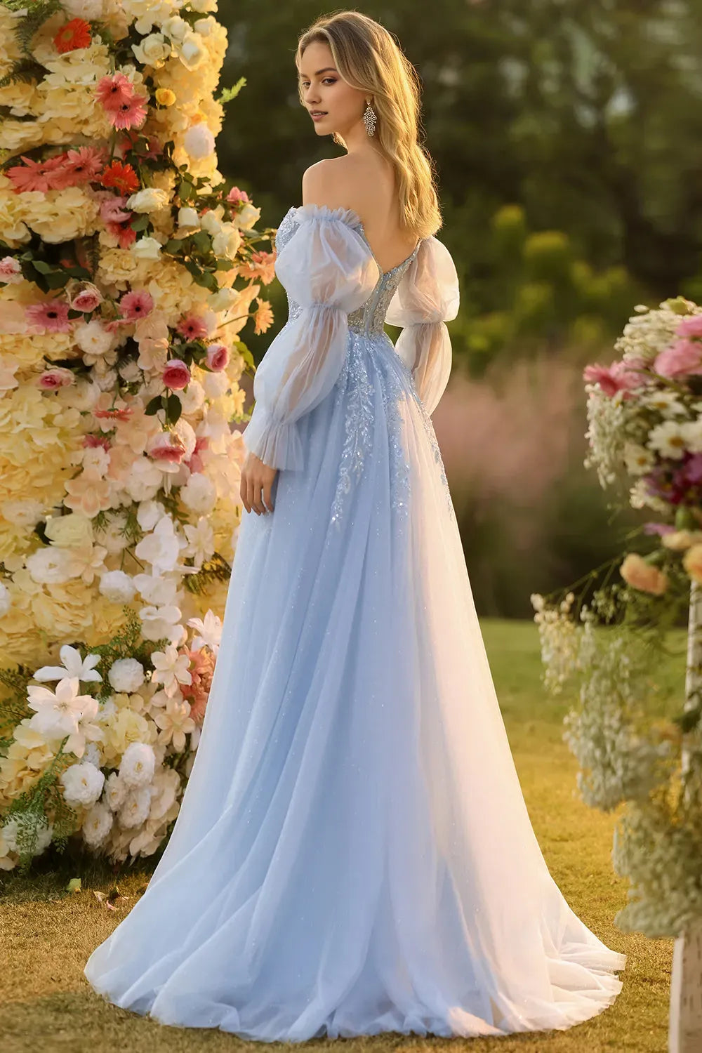 Sparkly Blue A-Line Off-Shoulder Puff Sleeve Back Zip Floor-Length High Slit Lace Tulle Prom Dress with Detachable Sleeves