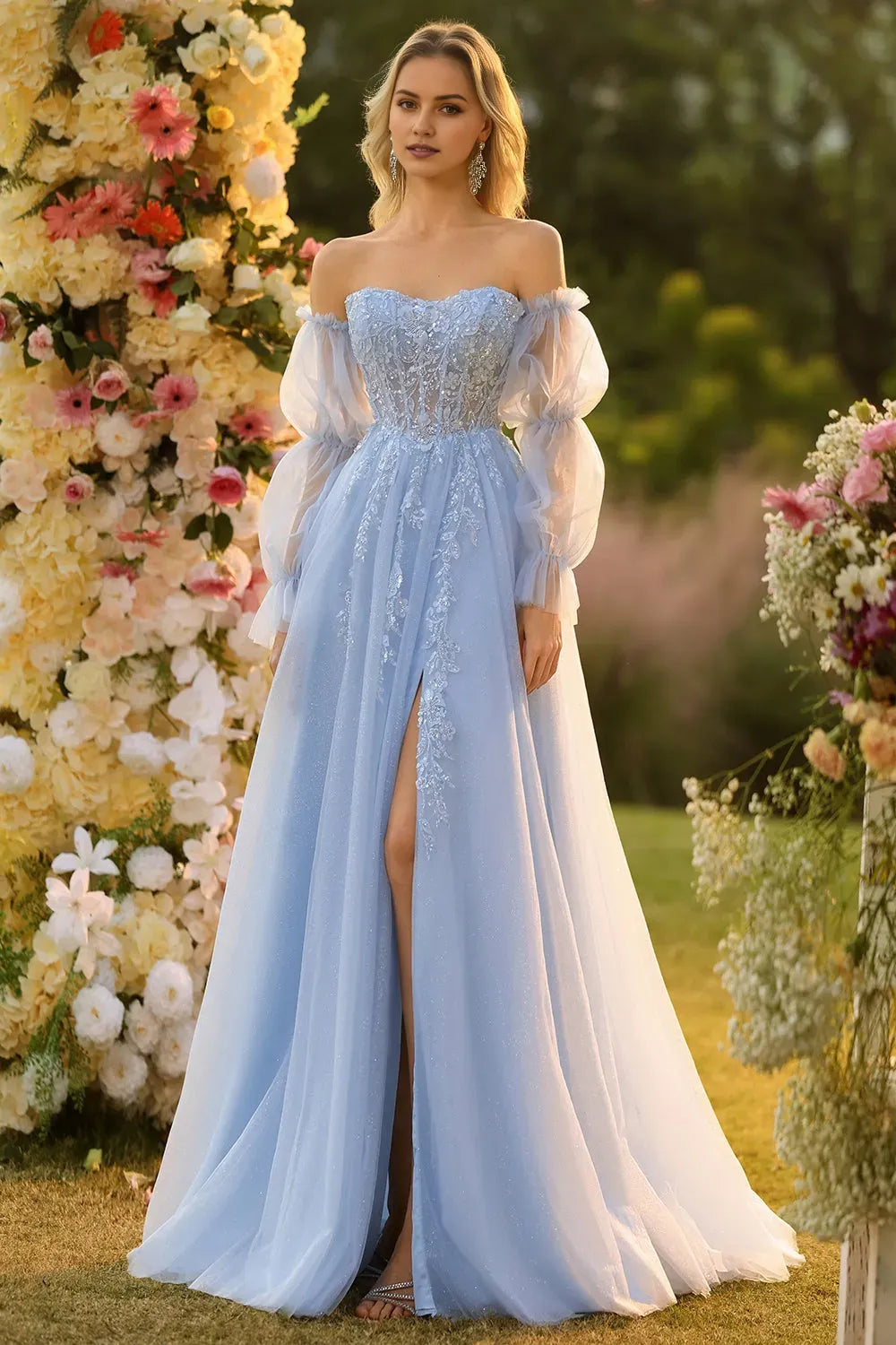 Sparkly Blue A-Line Off-Shoulder Puff Sleeve Back Zip Floor-Length High Slit Lace Tulle Prom Dress with Detachable Sleeves