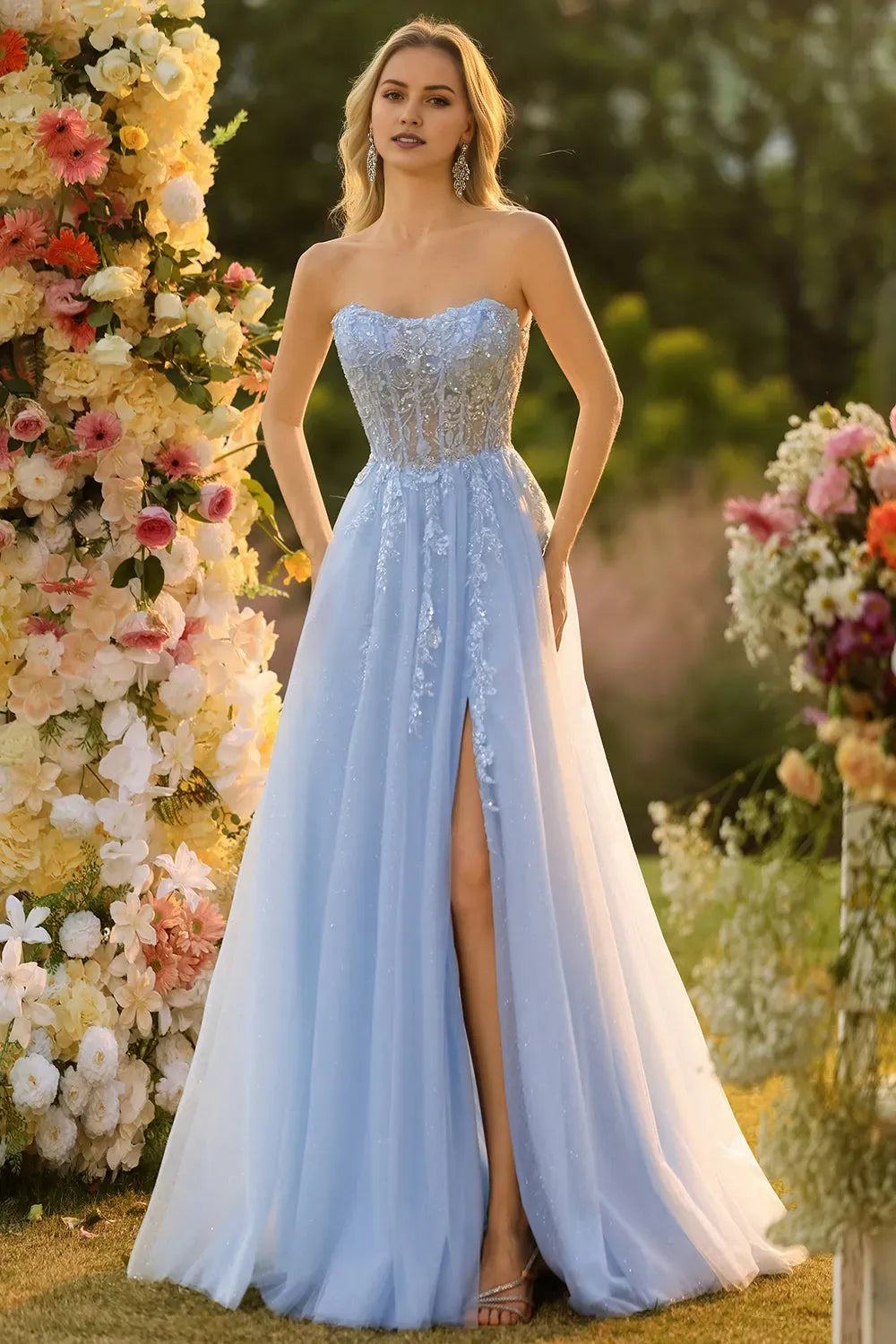 Sparkly Blue A-Line Off-Shoulder Puff Sleeve Back Zip Floor-Length High Slit Lace Tulle Prom Dress with Detachable Sleeves