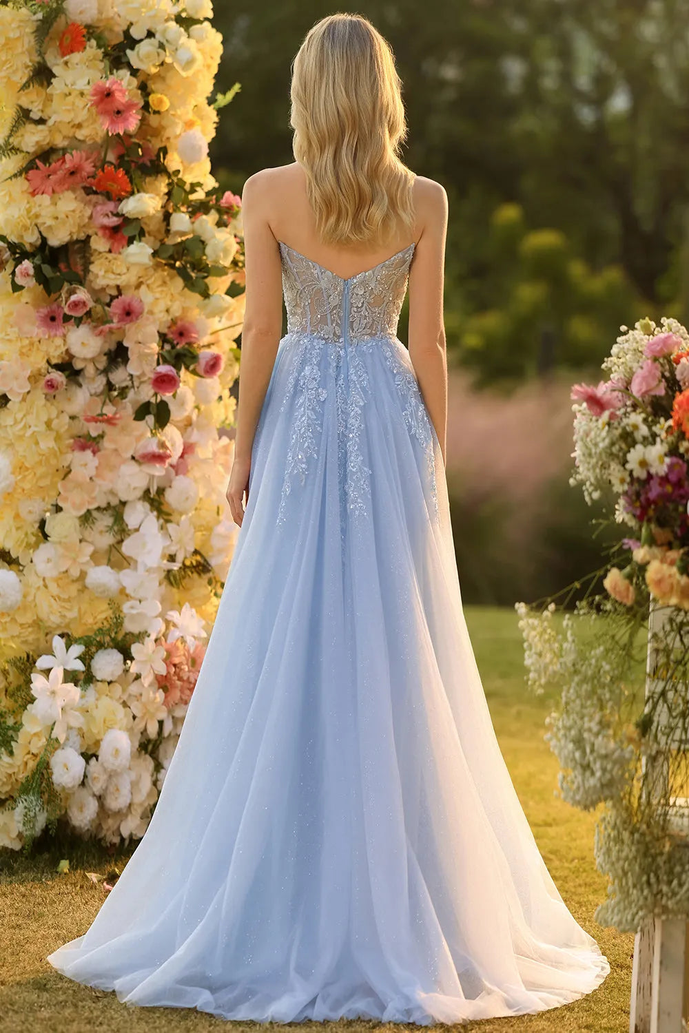 Sparkly Blue A-Line Off-Shoulder Puff Sleeve Back Zip Floor-Length High Slit Lace Tulle Prom Dress with Detachable Sleeves