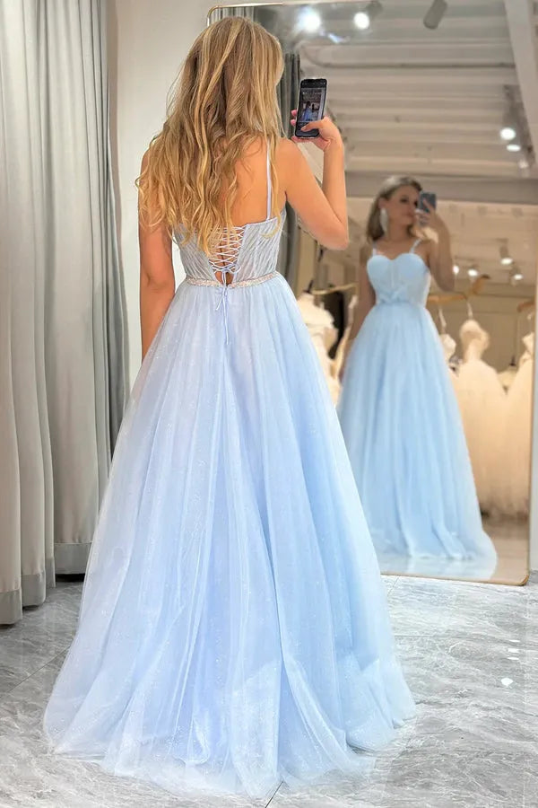 Sparkly Blue A Line Sweetheart Spaghetti Strap Lace Up Glitter Tulle Floor-Length Prom Dress ﻿