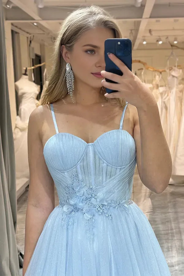 Sparkly Blue A Line Sweetheart Spaghetti Strap Lace Up Glitter Tulle Floor-Length Prom Dress ﻿