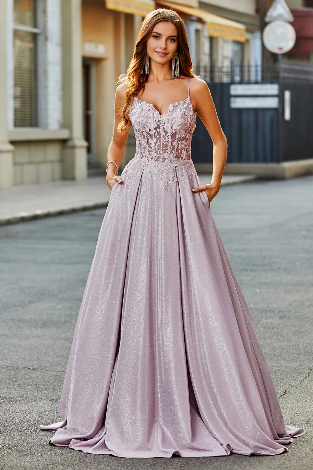 Sparkly Blush A-Line Sweetheart Spaghetti Straps Lace-Back Corset Prom Dress With Beading