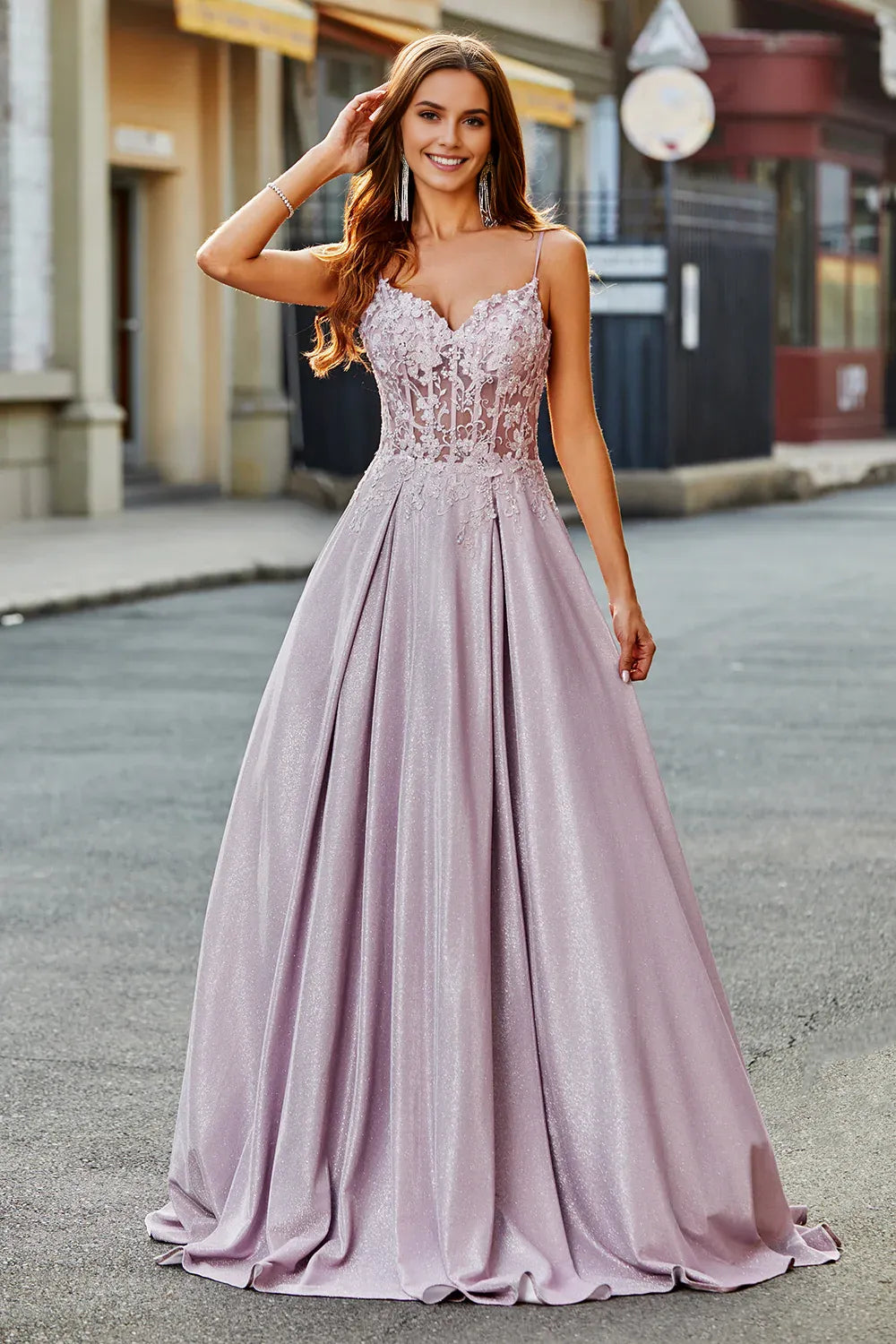 Sparkly Blush A-Line Sweetheart Spaghetti Straps Lace-Back Corset Prom Dress With Beading