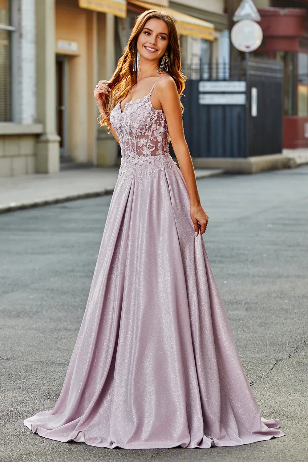 Sparkly Blush A-Line Sweetheart Spaghetti Straps Lace-Back Corset Prom Dress With Beading