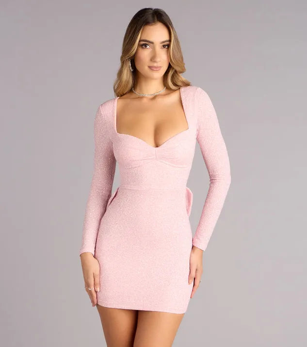 Sparkly Bodycon Sweetheart Long-Sleeve Tie-Back Mini Homecoming Dresses