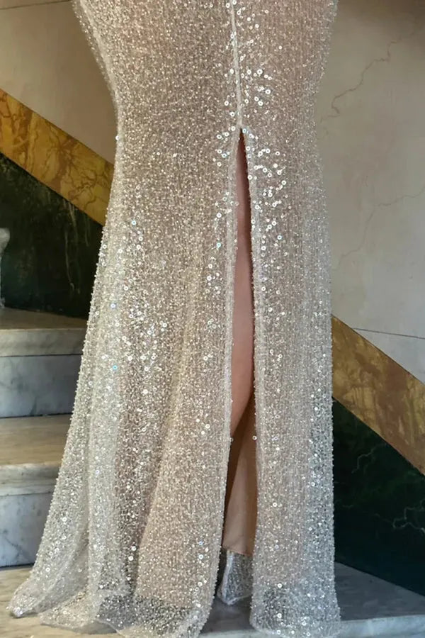 Sparkly Champagne Mermaid Square Neck Sleeveless Open-Back Floor-Length Sequin Prom Dresses With Split