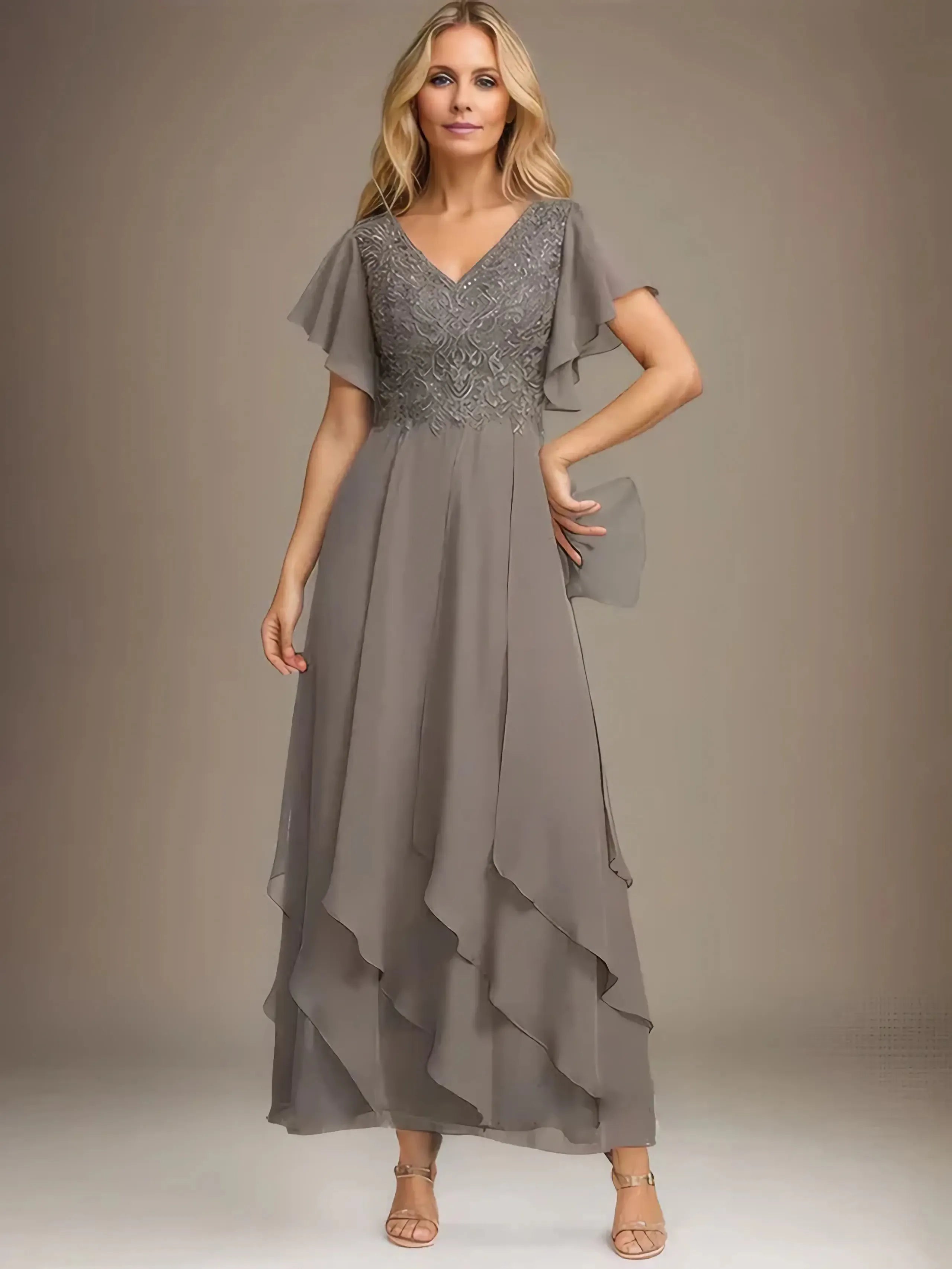 Sparkly Flowy V-Neck Flutter-Sleeve Lace-Back Floor-Length Mother Of The Bride Dresses