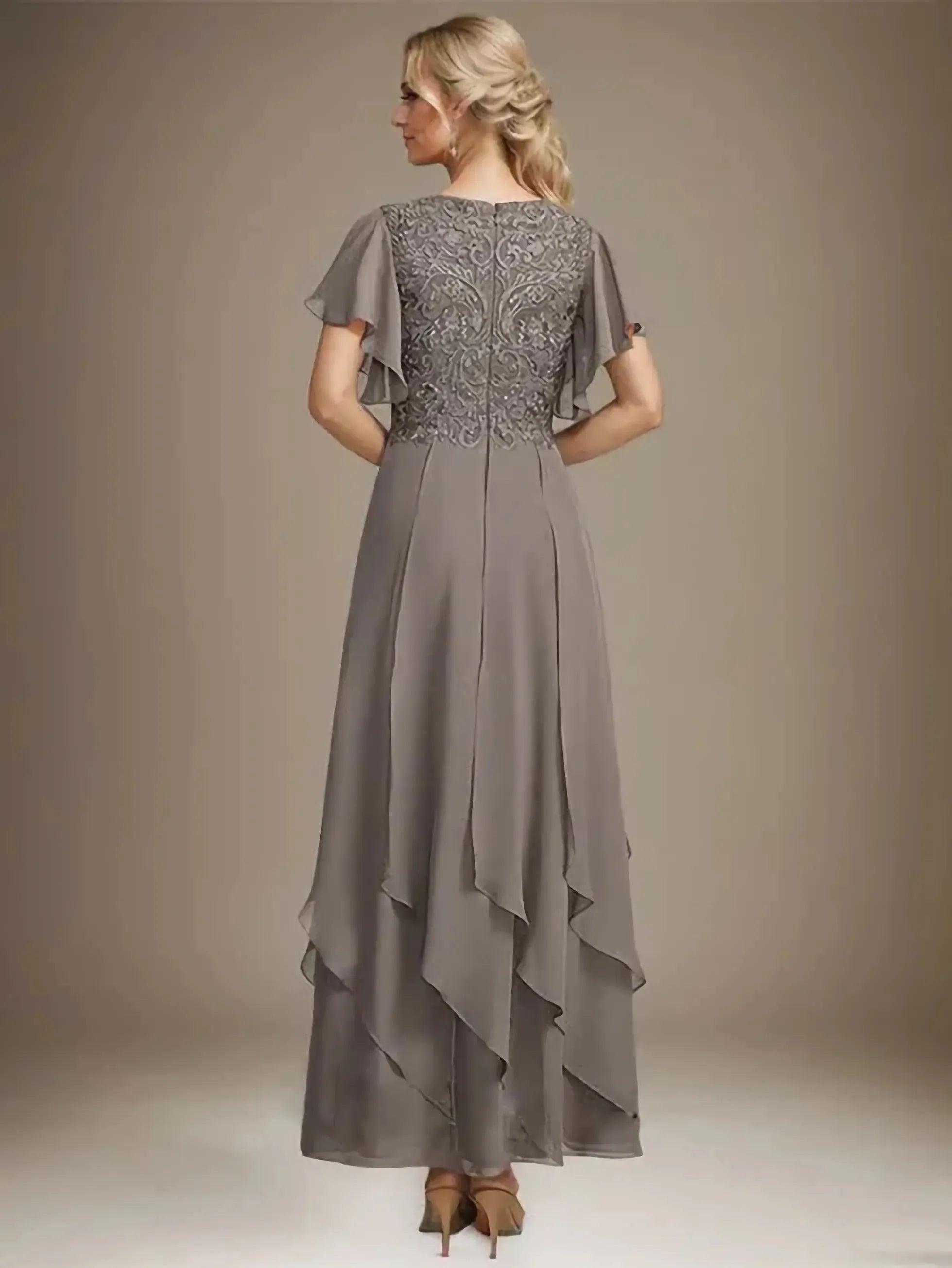 Sparkly Flowy V-Neck Flutter-Sleeve Lace-Back Floor-Length Mother Of The Bride Dresses