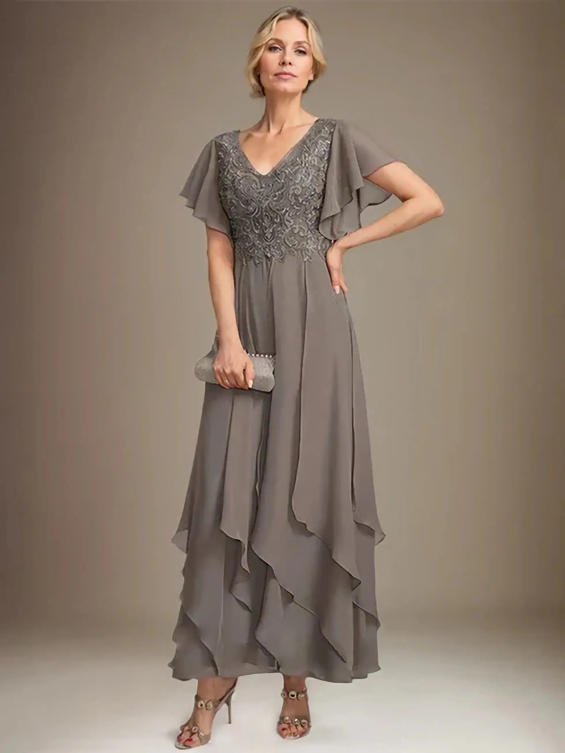 Sparkly Flowy V-Neck Flutter-Sleeve Lace-Back Floor-Length Mother Of The Bride Dresses