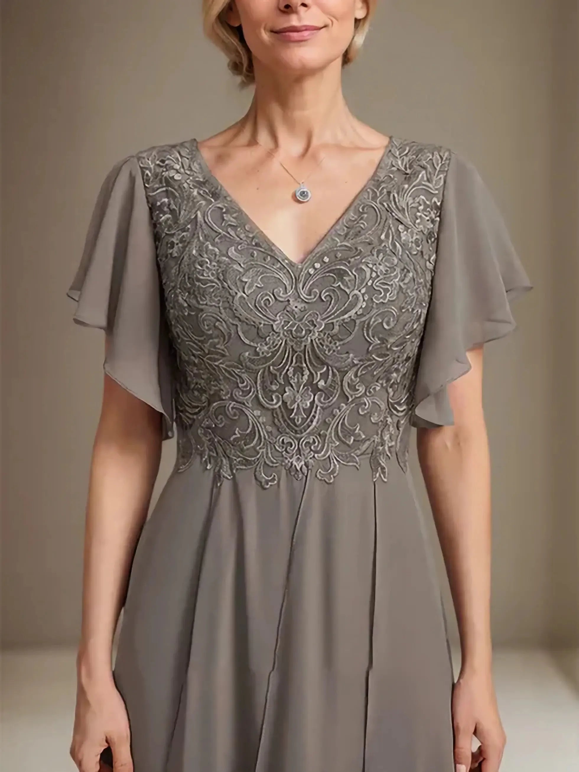Sparkly Flowy V-Neck Flutter-Sleeve Lace-Back Floor-Length Mother Of The Bride Dresses