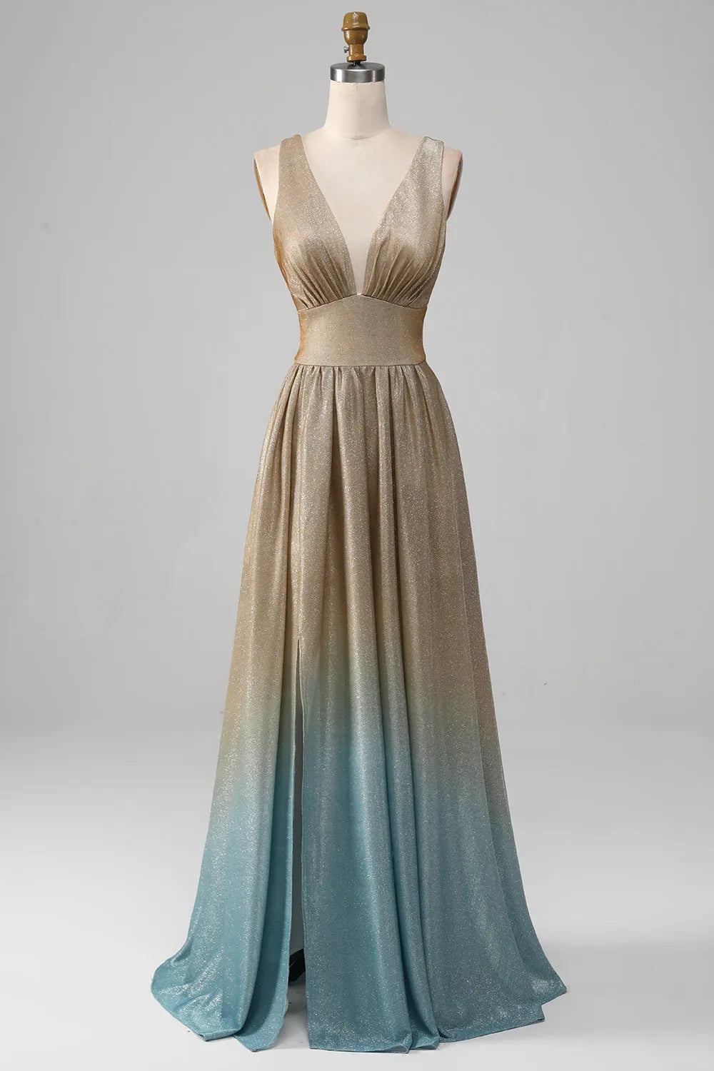 Sparkly Gradient Gold A-Line V-Neck Sleeveless Sequin Deep V-Back Back Zip Floor-Length High Slit Prom Dress