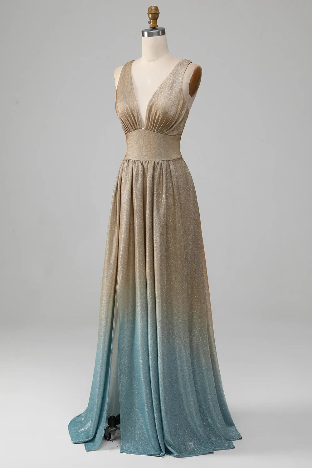 Sparkly Gradient Gold A-Line V-Neck Sleeveless Sequin Deep V-Back Back Zip Floor-Length High Slit Prom Dress