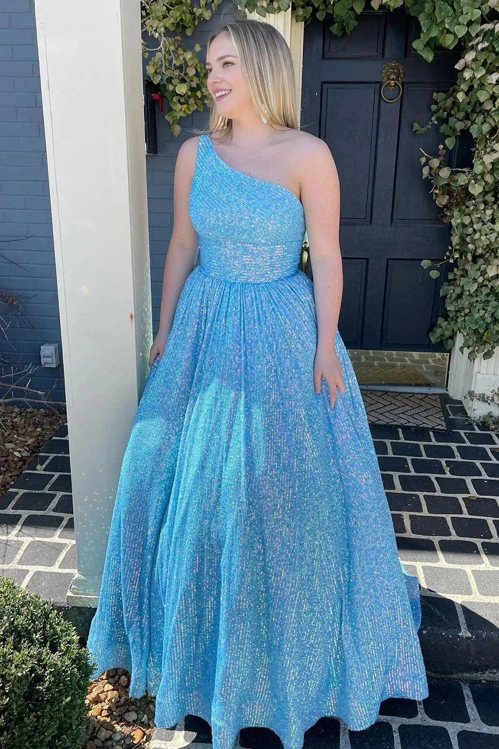 Sparkly Light Blue A Line One-Shoulder Sleeveless Back Zip Sequins Floor-Length Plus Size Prom Dress  ﻿