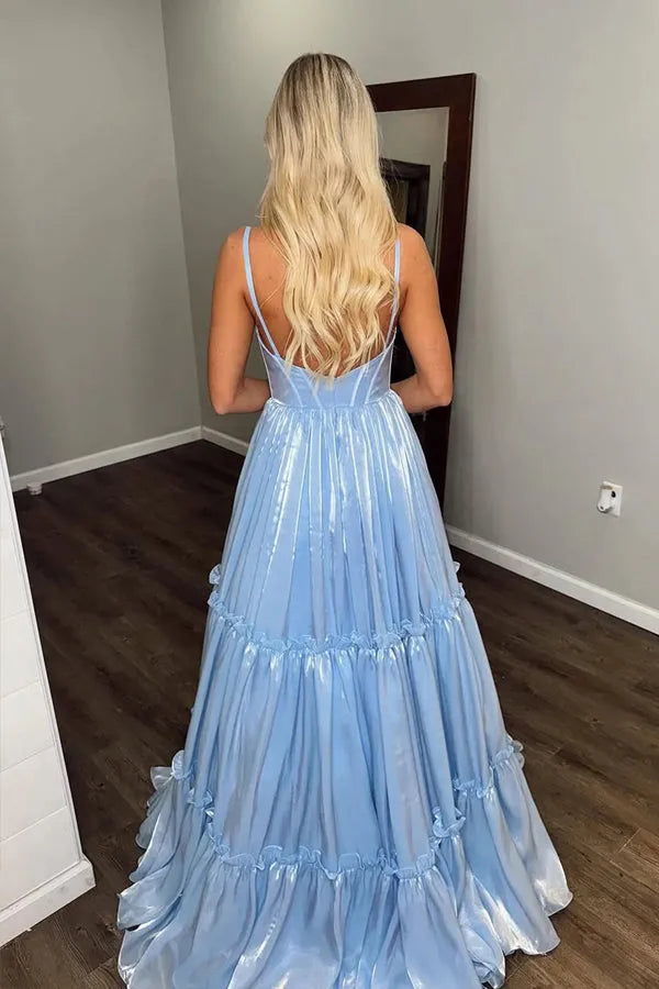 Sparkly Light Blue A Line Plunging V-Neck Spaghetti-Straps Tiered Glitter Ruffled Floor-Length Prom Dresses