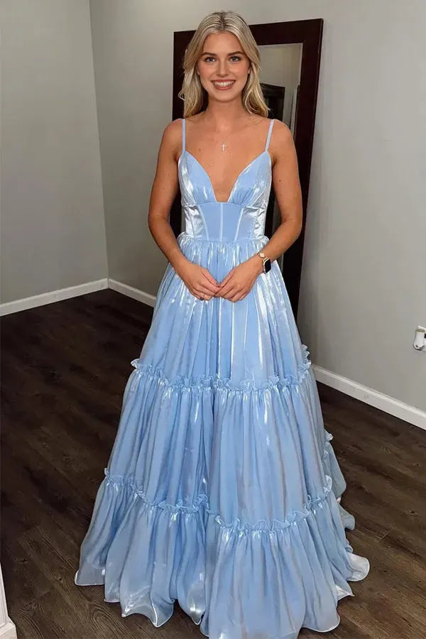 Sparkly Light Blue A Line Plunging V-Neck Spaghetti-Straps Tiered Glitter Ruffled Floor-Length Prom Dresses
