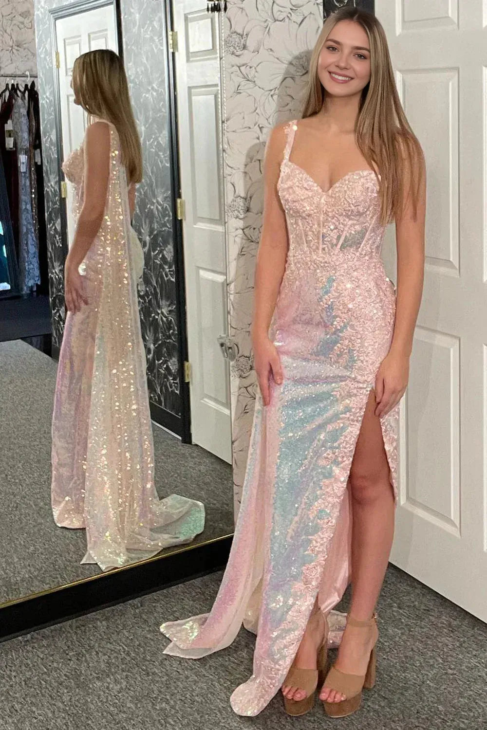 Sparkly Light Pink Mermaid One Shoulder Cape-Sleeve Back Zip Sequined Appliques High Side Slit  Floor-Length  Prom Dresses