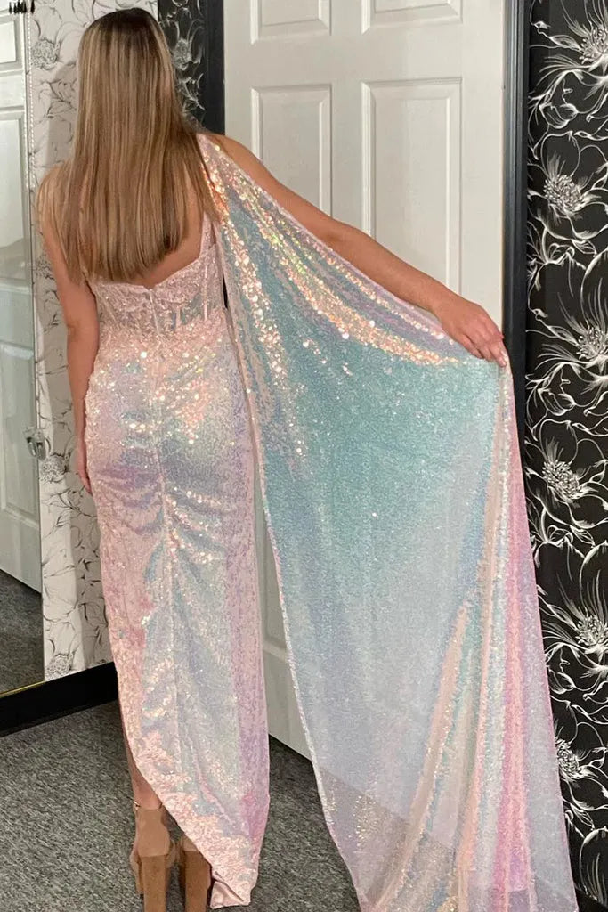 Sparkly Light Pink Mermaid One Shoulder Cape-Sleeve Back Zip Sequined Appliques High Side Slit  Floor-Length  Prom Dresses