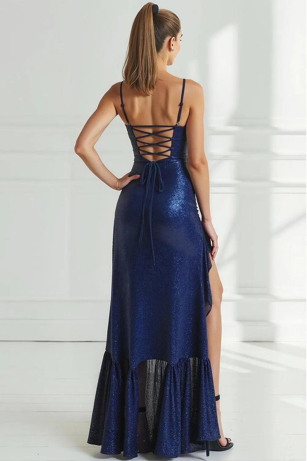 Sparkly Navy Sheath Spaghetti Straps Sleeveless Crisscross Back High-Low Sequin Prom Dress with Ruffled Slit