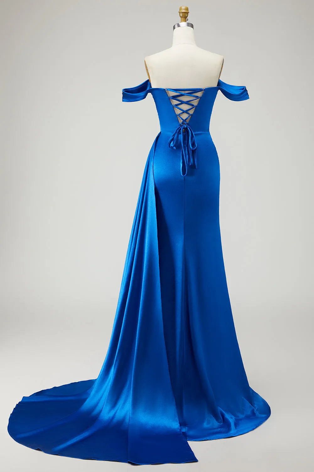 Sparkly Royal Blue Mermaid Off-Shoulder Sleeveless Lace-Up Back Sweep/Brush Train Satin Prom Dress with Slit