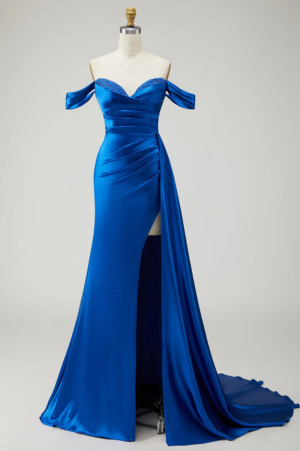 Sparkly Royal Blue Mermaid Off-Shoulder Sleeveless Lace-Up Back Sweep/Brush Train Satin Prom Dress with Slit