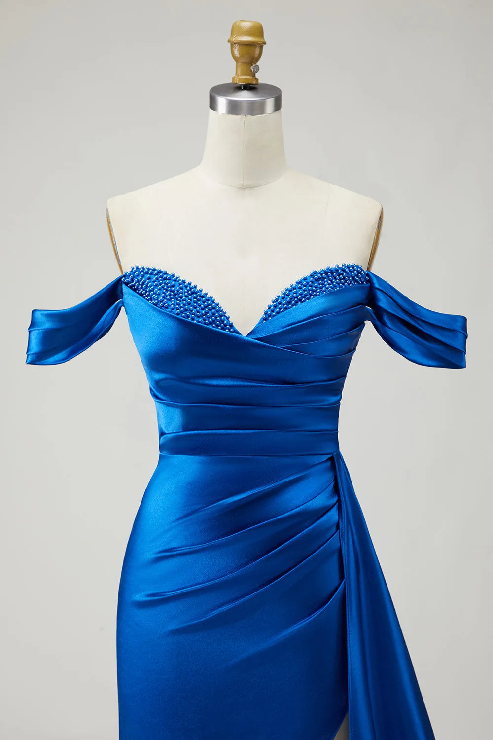 Sparkly Royal Blue Mermaid Off-Shoulder Sleeveless Lace-Up Back Sweep/Brush Train Satin Prom Dress with Slit