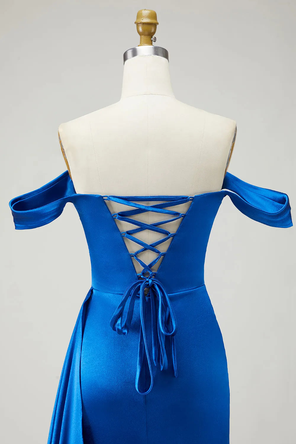 Sparkly Royal Blue Mermaid Off-Shoulder Sleeveless Lace-Up Back Sweep/Brush Train Satin Prom Dress with Slit