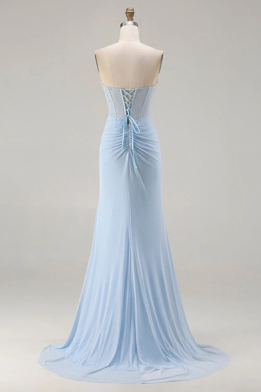 Sparkly Sky Blue Mermaid Strapless Sleeveless Lace-Up Back Floor-Length Beaded Corset Prom Dress with Slit