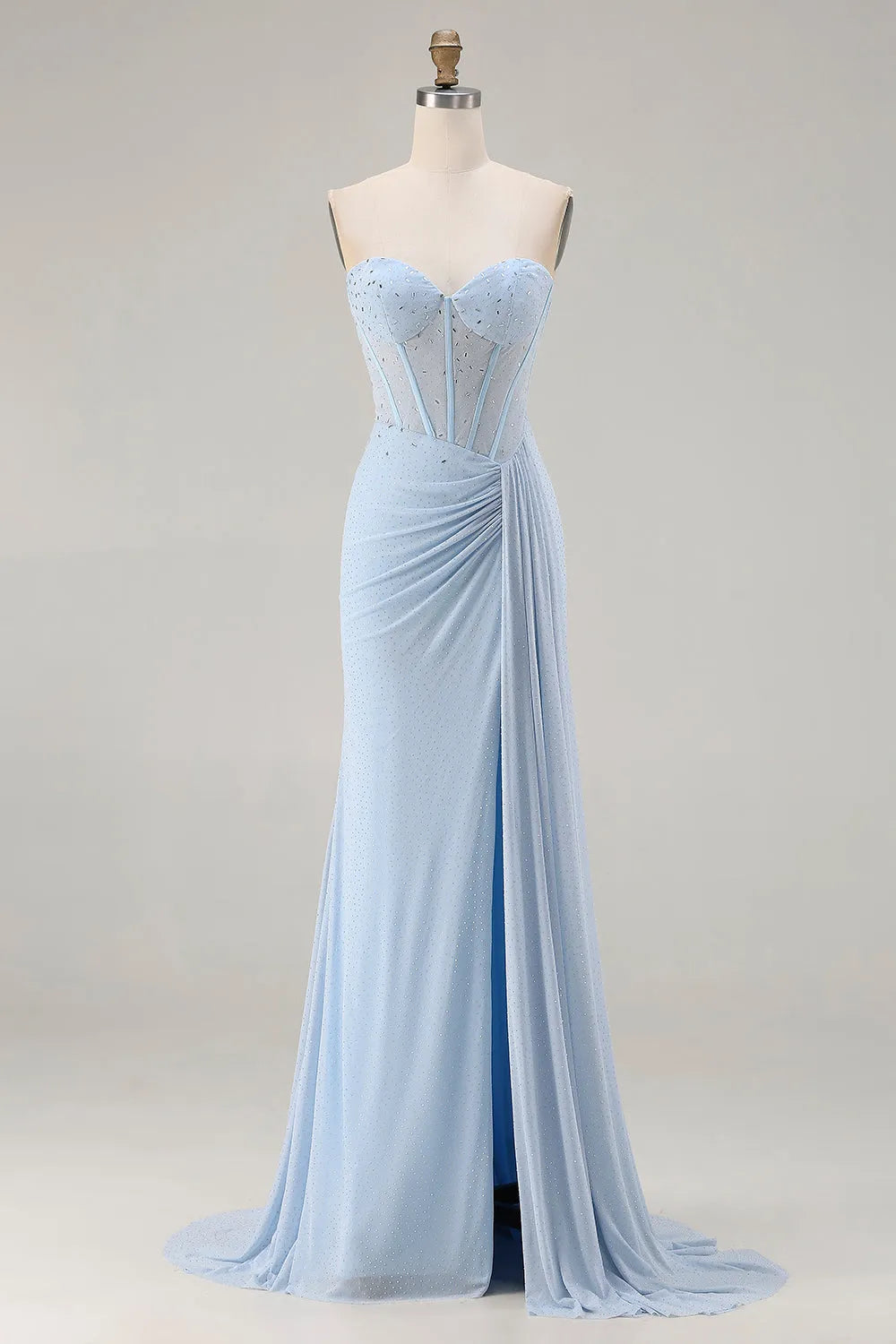 Sparkly Sky Blue Mermaid Strapless Sleeveless Lace-Up Back Floor-Length Beaded Corset Prom Dress with Slit