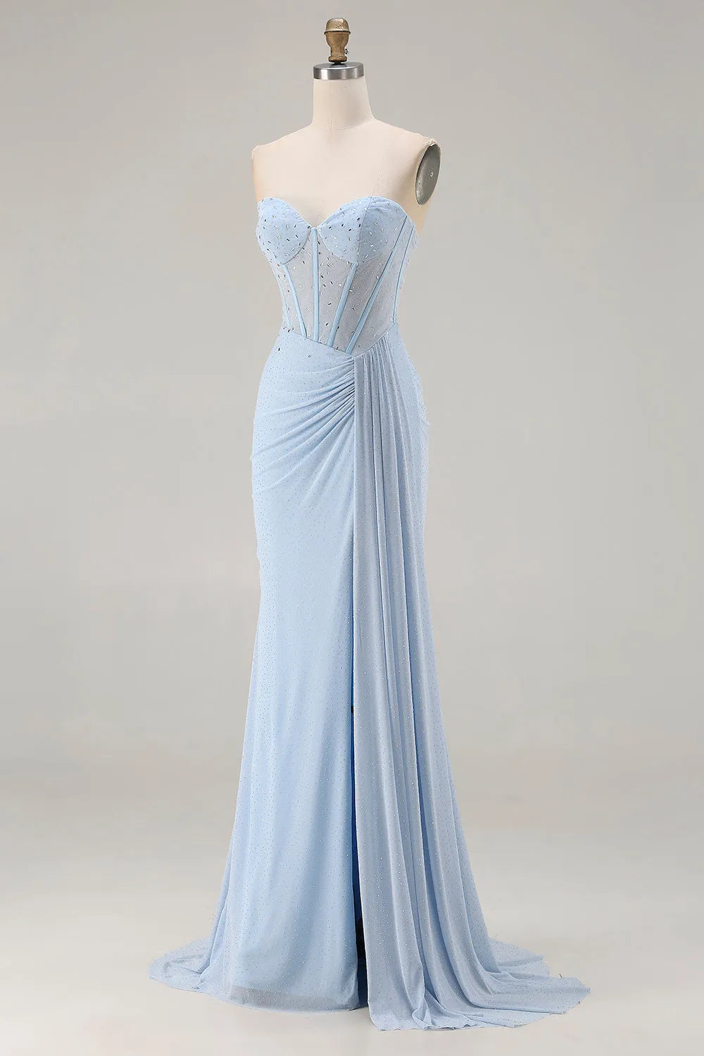 Sparkly Sky Blue Mermaid Strapless Sleeveless Lace-Up Back Floor-Length Beaded Corset Prom Dress with Slit