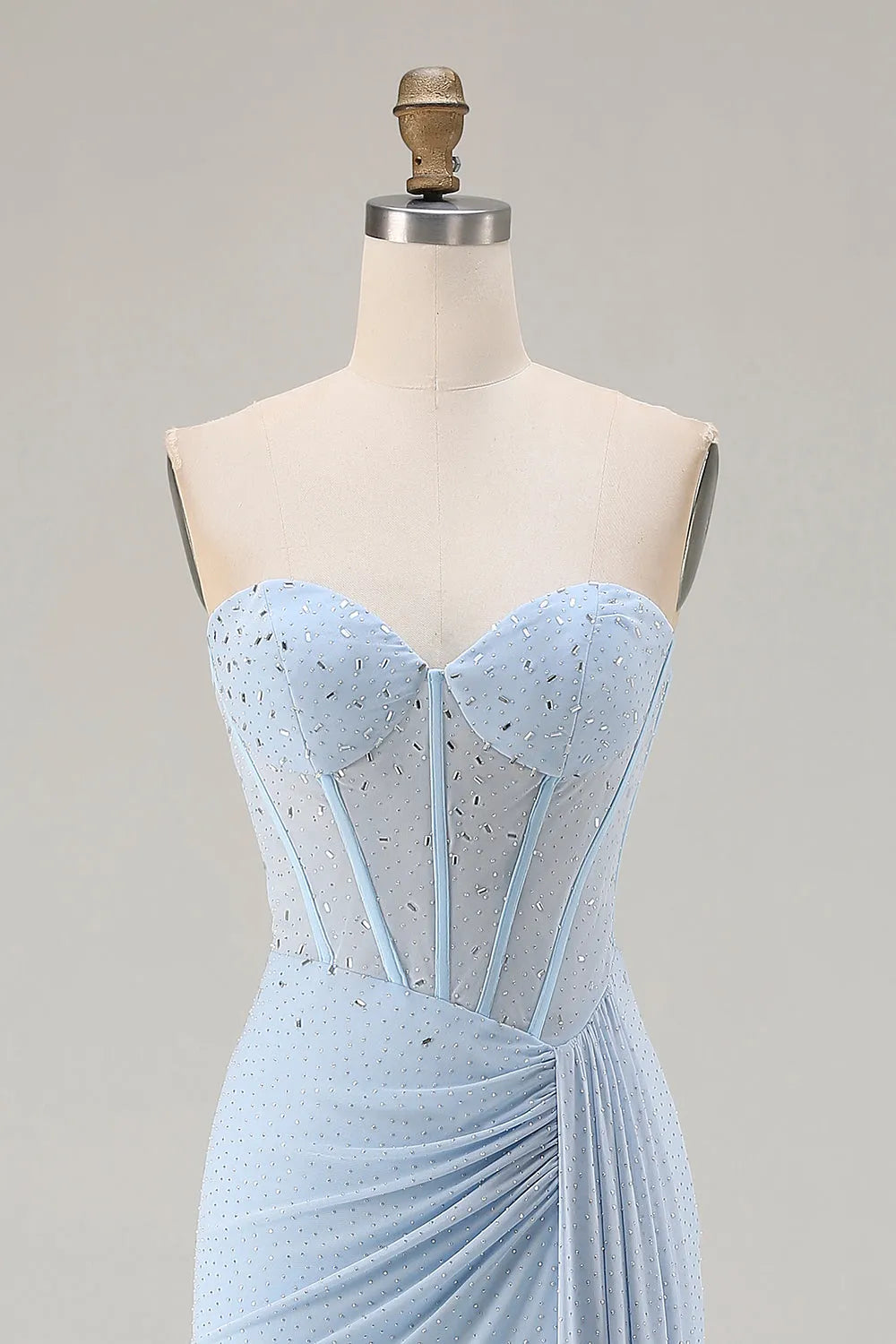Sparkly Sky Blue Mermaid Strapless Sleeveless Lace-Up Back Floor-Length Beaded Corset Prom Dress with Slit