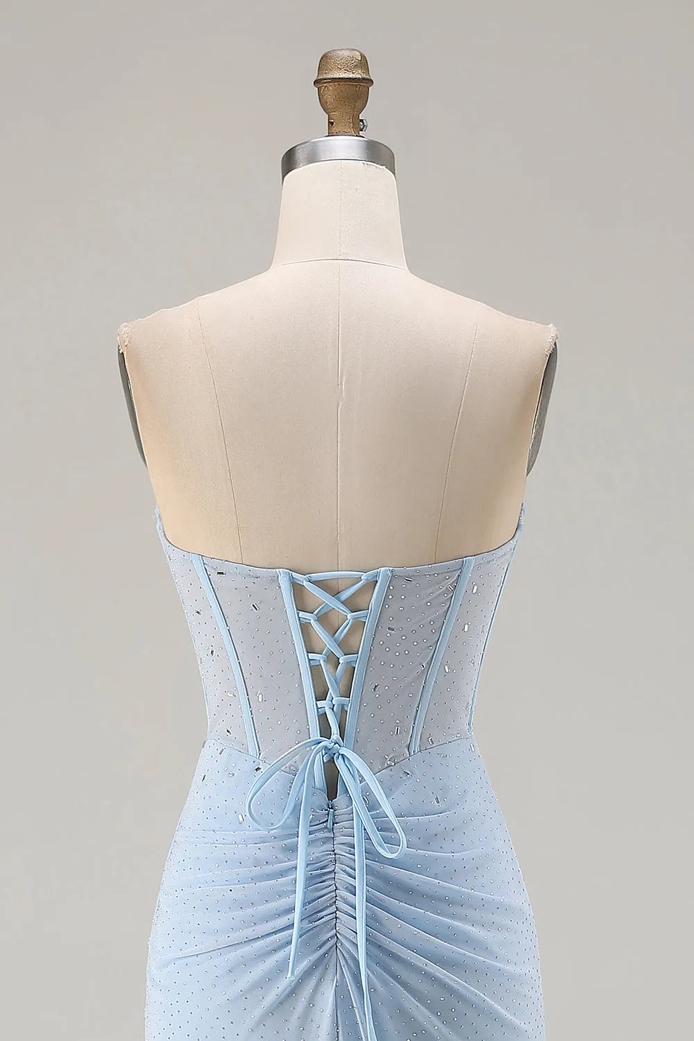 Sparkly Sky Blue Mermaid Strapless Sleeveless Lace-Up Back Floor-Length Beaded Corset Prom Dress with Slit