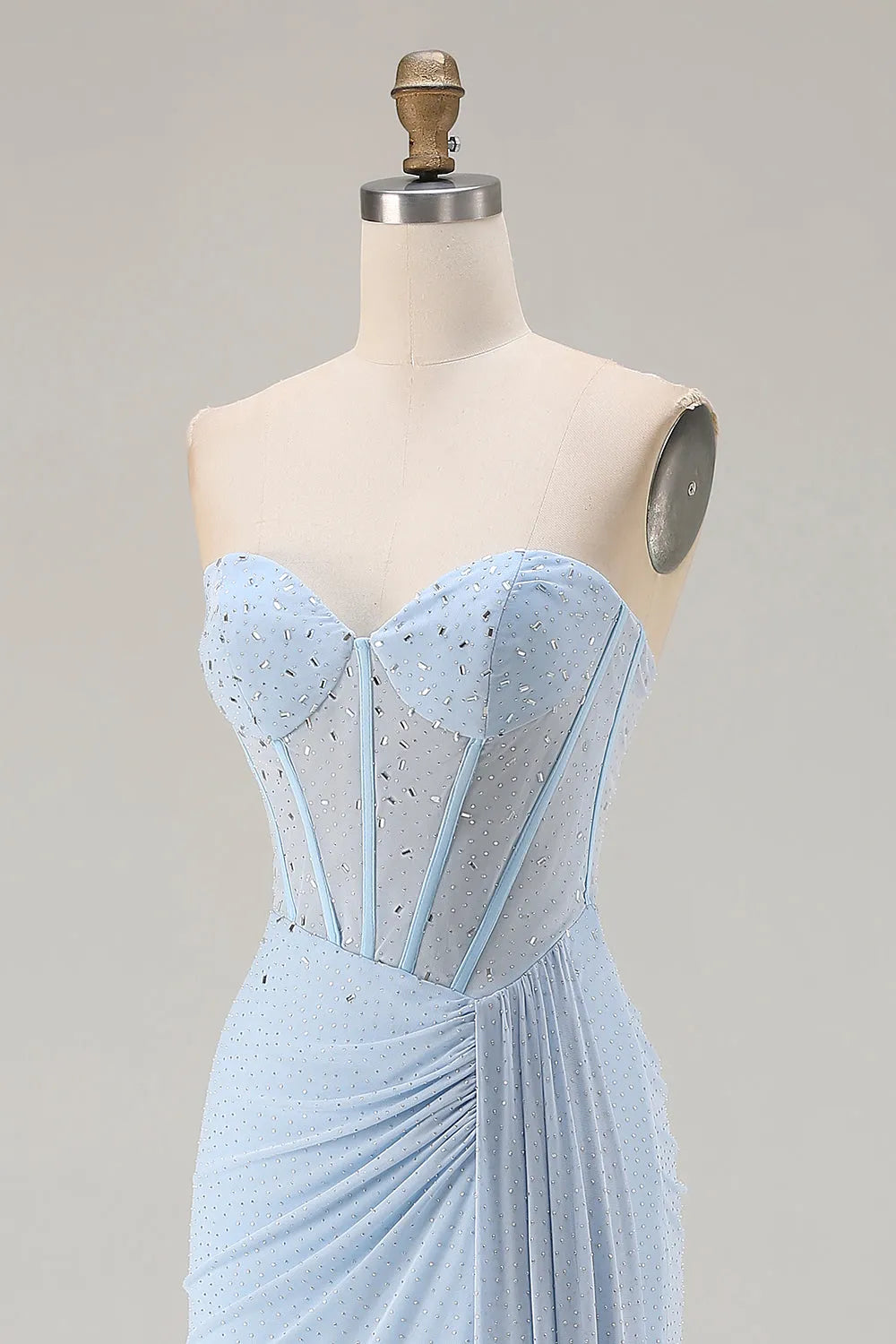 Sparkly Sky Blue Mermaid Strapless Sleeveless Lace-Up Back Floor-Length Beaded Corset Prom Dress with Slit
