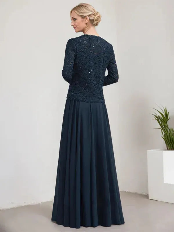 Sparkly Two-Piece Square Neck Three-Quarter Sleeve Lace-Back Floor-Length Mother Of The Bride Dresses