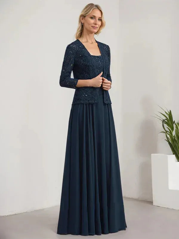 Sparkly Two-Piece Square Neck Three-Quarter Sleeve Lace-Back Floor-Length Mother Of The Bride Dresses