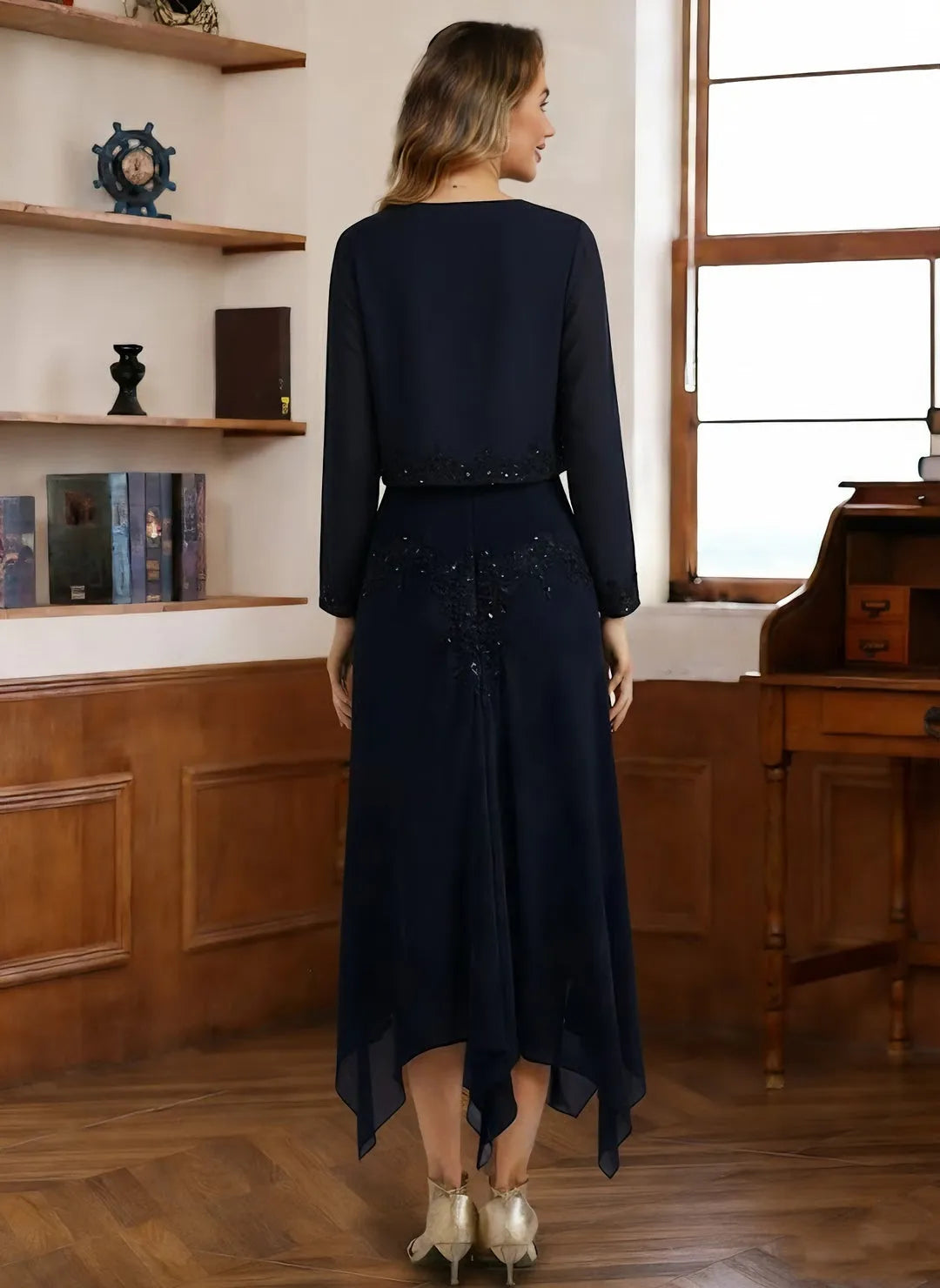 Sparkly Two-Piece V-Neck Long-Sleeve Open-Back High-Low Mother Of The Bride Dresses