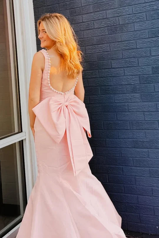 Square Neck Blush Satin Mermaid Prom Dress with Pearl Trim and Back Bow