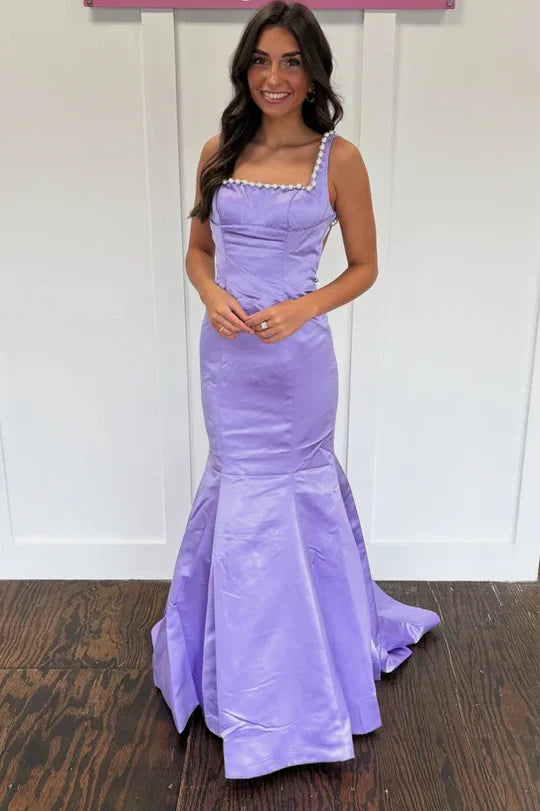 Square Neck Lavender Satin Mermaid Prom Dress with Pearl Trim and Open Back