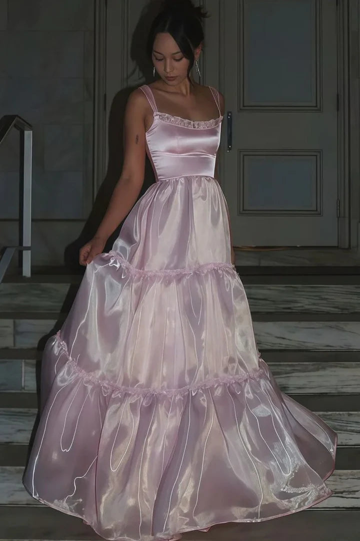 Square Neck Pink Organza Tiered Prom Dress with Ruffle Trim and Satin Bodice