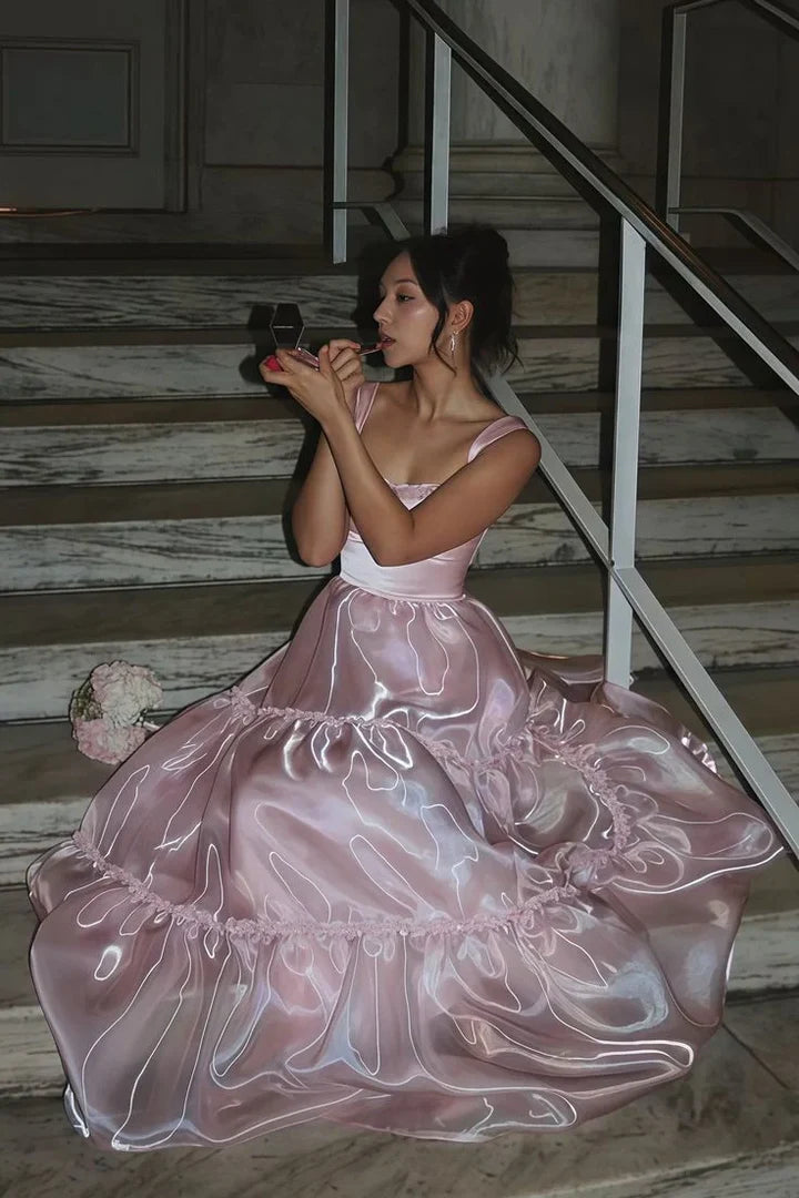 Square Neck Pink Organza Tiered Prom Dress with Ruffle Trim and Satin Bodice