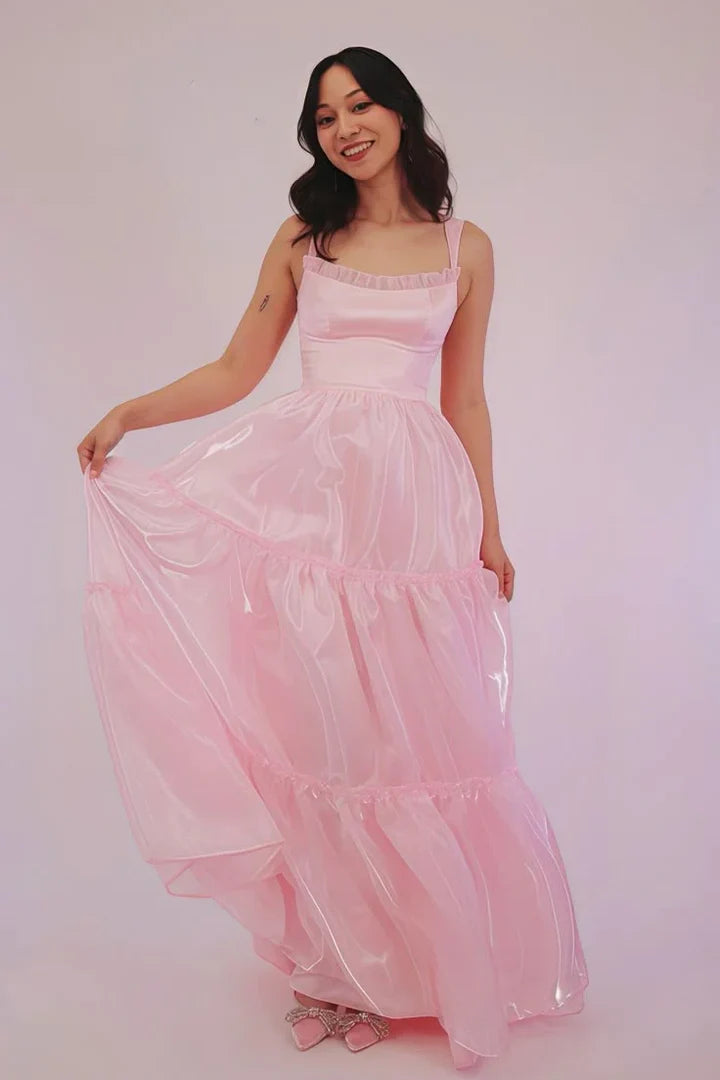 Square Neck Pink Organza Tiered Prom Dress with Ruffle Trim and Satin Bodice
