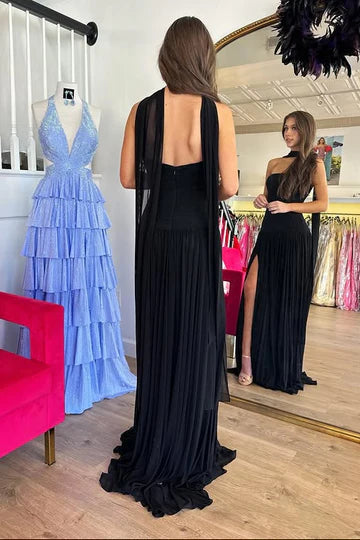 Strapless Black Chiffon Maxi Prom Dress with Scarf Neck, High Slit and Open Back