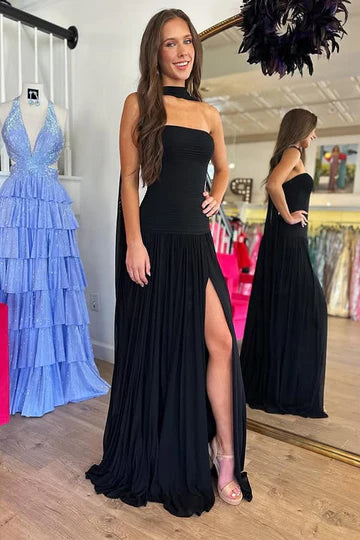 Strapless Black Chiffon Maxi Prom Dress with Scarf Neck, High Slit and Open Back