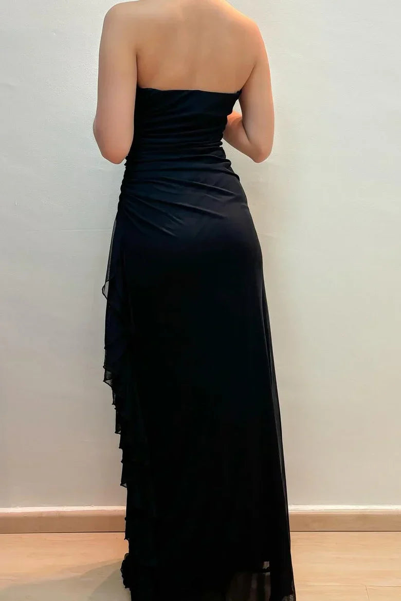 Strapless Black Chiffon Prom Dress with Beaded Lace and Ruffled Side Panel
